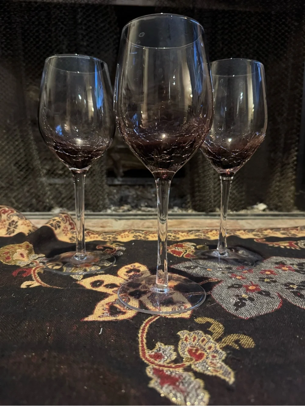 Pier 1 Imports Purple Crackle Wine Glasses Amethyst Hand Blown Clear Stem